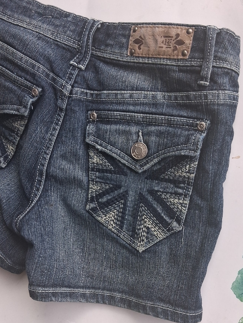 V BLUE Blue Washed Embroidered Denim Shorts